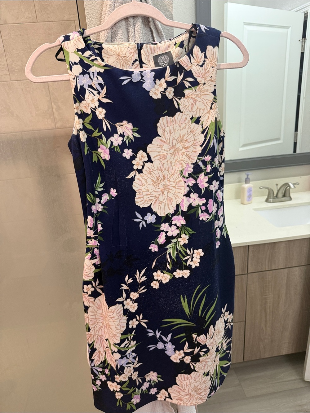 Vince Camuto Navy Floral Midi Dress with Pink & Green Blooms